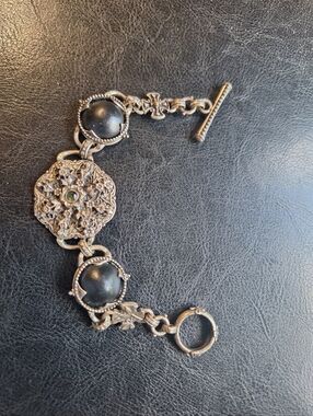 Silver-Tone Floral Filigree Bracelet w/ Chunky Black Embellished Cabochon Accent